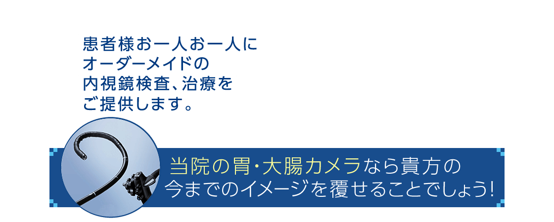 当院では貴方の今までの胃・大腸カメラのイメージを覆せることでしょう!|患者様お一人お一人にオーダーメイドの内視鏡検査、治療をご提供します。